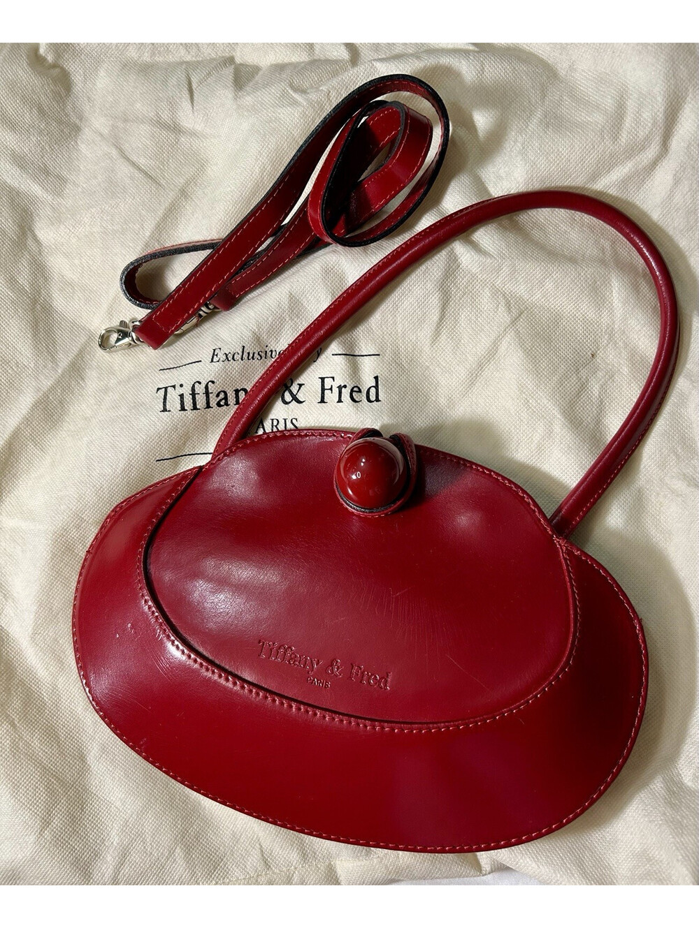 Tiffany & Fred Red Oval Top Handle Bag w/Detachable Strap Silver Hardware